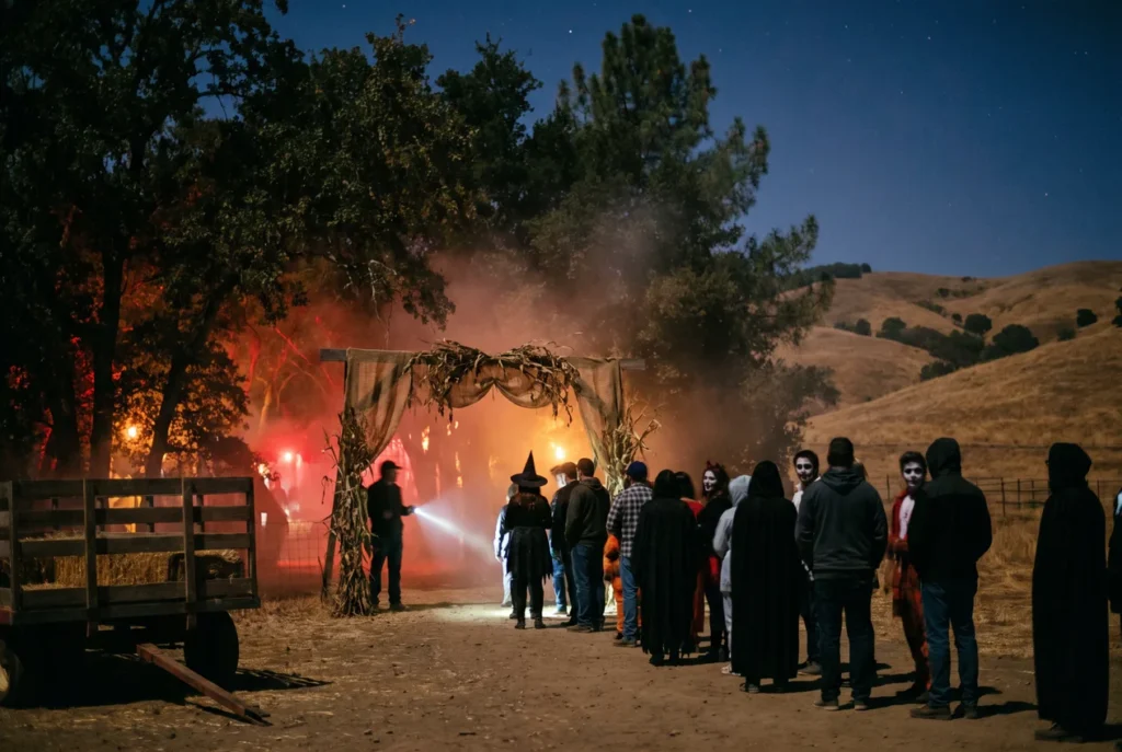 Costumed visitors waiting at night at the entrance to a haunted trail in oak and pine woods, fog drifting between the trees under red and amber light