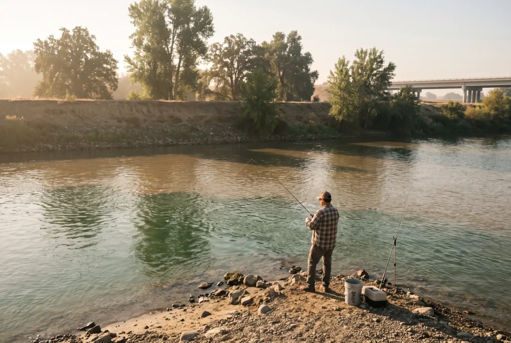 An angler on the gravel point at Discovery Park where the American River joins the Sacramento at sunrise, rod out, cottonwoods and the I-5 bridge in the distance