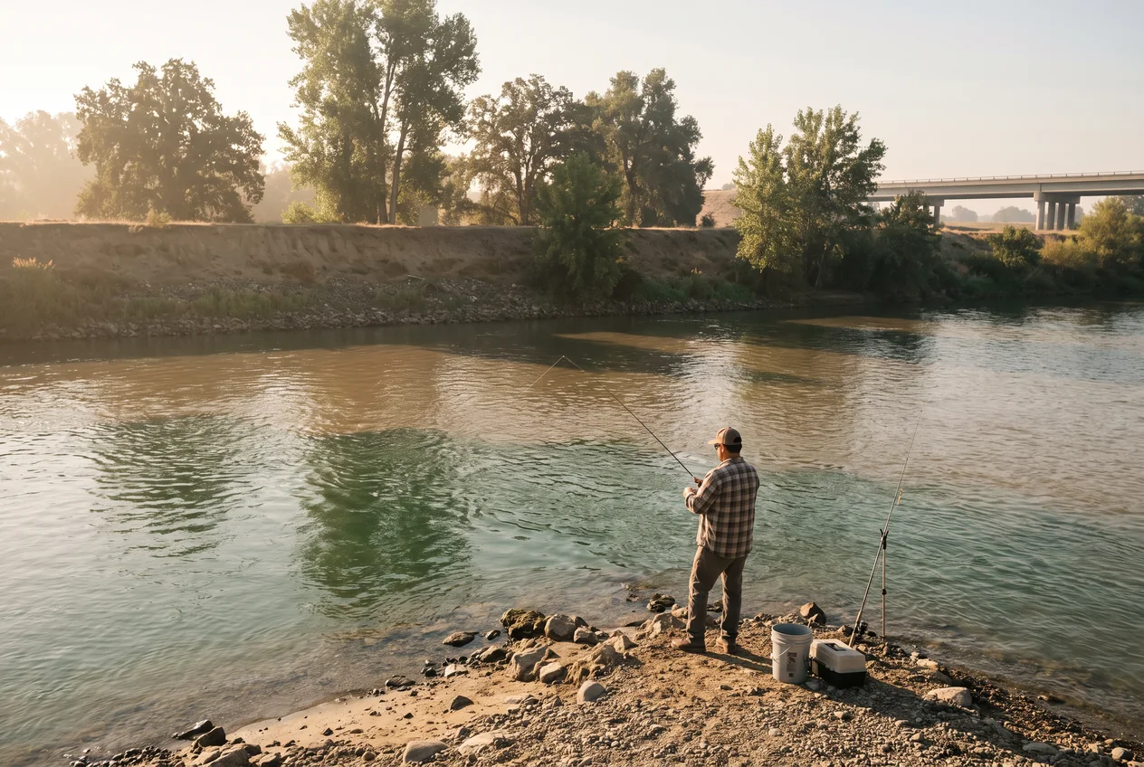 An angler on the gravel point at Discovery Park where the American River joins the Sacramento at sunrise, rod out, cottonwoods and the I-5 bridge in the distance