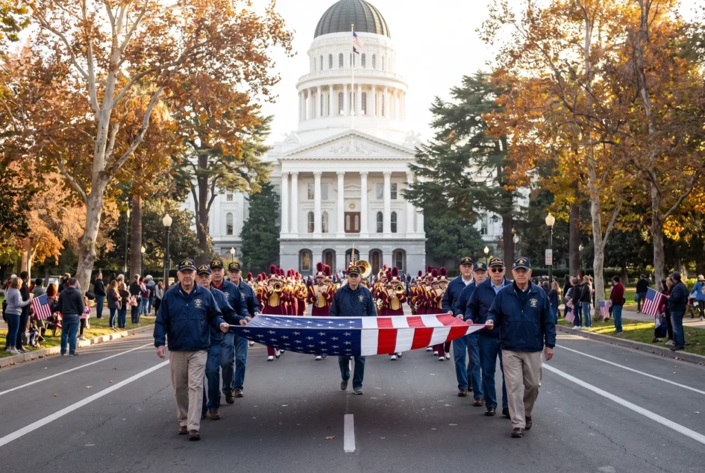 Veterans in unit ball caps marching along Capitol Mall toward the California State Capitol on a clear November morning, spectators with small American flags on the kerb