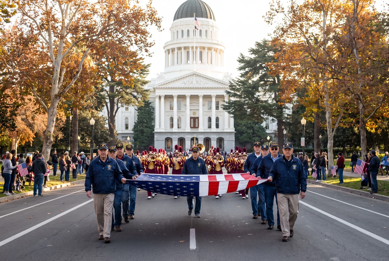 Veterans in unit ball caps marching along Capitol Mall toward the California State Capitol on a clear November morning, spectators with small American flags on the kerb